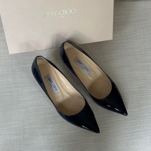 Jimmy Choo Aza Navy Patent Leather Kitten Heel Pumps, Pointed Toe Size 38.5